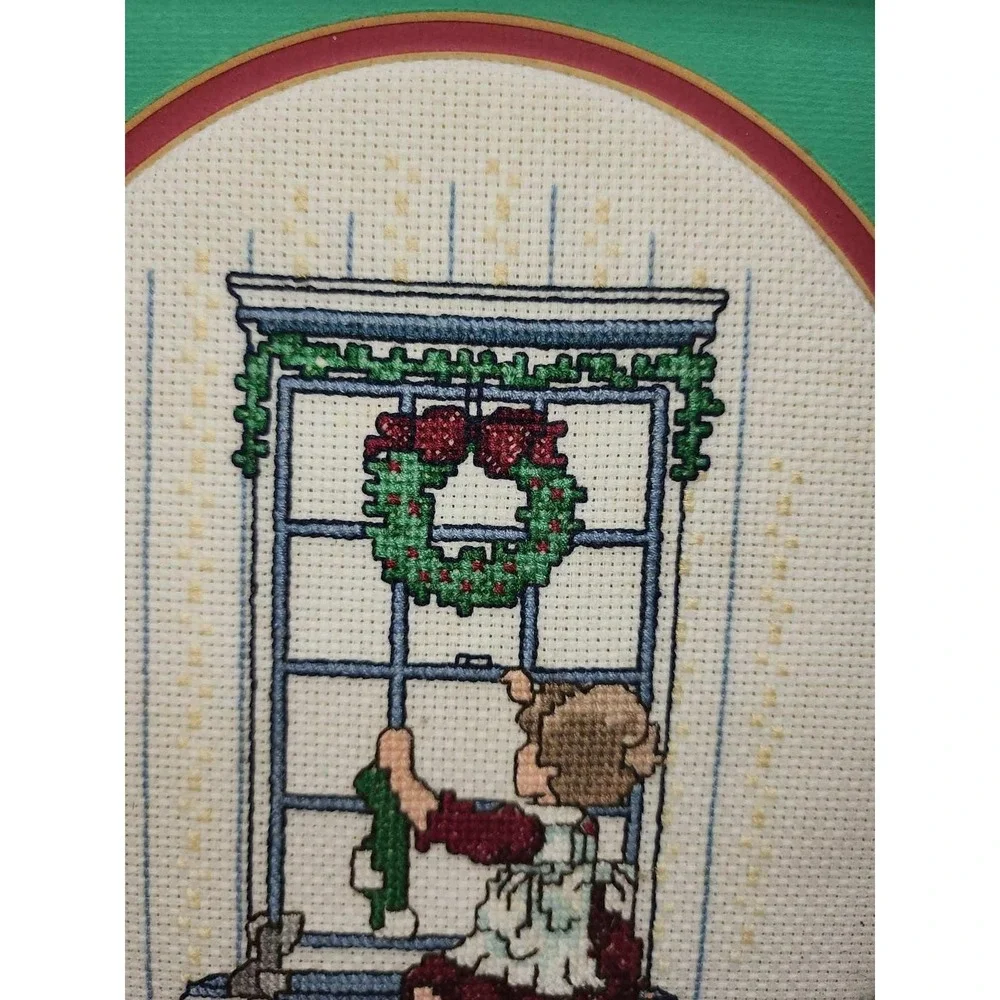 Vintage Christmas Cross Stitch Framed Wall Art Noel Girl in Window Wood Frame